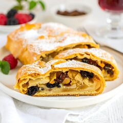 Sliced apple strudel on plate