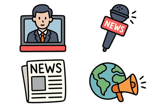 News media icon set. Vector cartoon illustration of journalist, microphone, newspaper, global communication. Concept for broadcasting, mass media, press, journalism, and information.