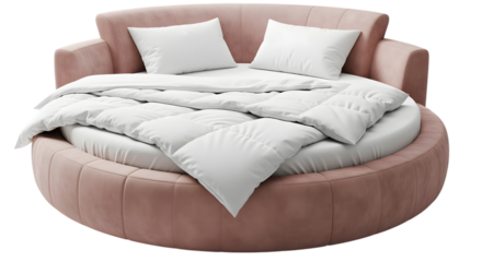 Round pink upholstered bed with white bedding isolated on transparent background