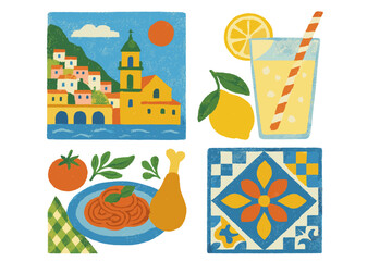 Mediterranean summer vector set. Naive art of Italy's Amalfi coast, Italian food, pasta, lemonade, and traditional tiles. Travel and vacation concept for poster or card.