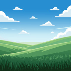 Obraz premium Vibrant vector illustration of a peaceful summer landscape with green rolling hills, a clear blue sky, and fluffy white clouds