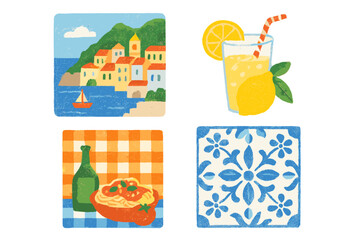 Set of naive Mediterranean summer cards. Vector illustration of Italy, Amalfi coast, lemonade, spaghetti, and tiles. Italian travel and food concept for poster or background.