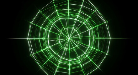 Abstract graphic design, circular web pattern, glowing green lines.