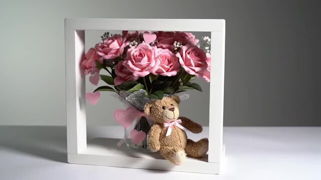 Square white frame showcases pink roses in a vase with heart ornaments, complemented by a cuddly teddy bear, soft & serene
