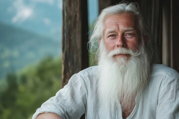 Peaceful elderly man on wooden porch