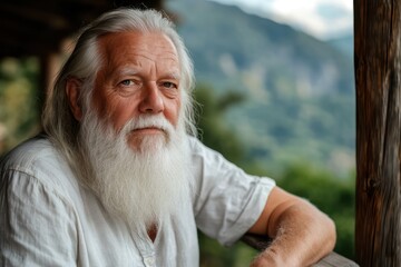 Peaceful elderly man on wooden porch