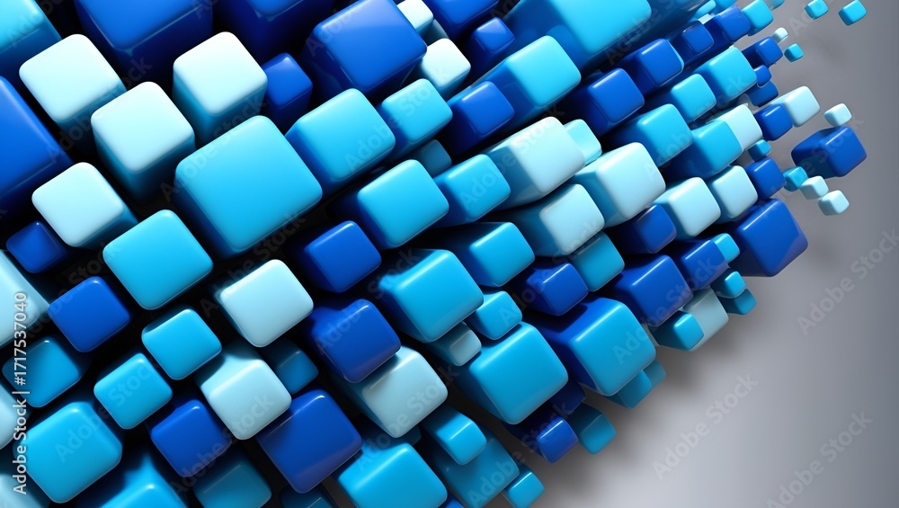 Poster futuristic 3d abstract backdrop, filled with luminous blue squares arranged in perspective, adding d