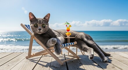 Relaxing Gray Cat on Beach Chair with Drink.