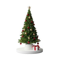 Miniature Fraser fir Christmas tree, ruby-red & matte gold baubles, golden star, gift box, on white ceramic stand, 45-degree angle, high-key commercial Christmas holiday display