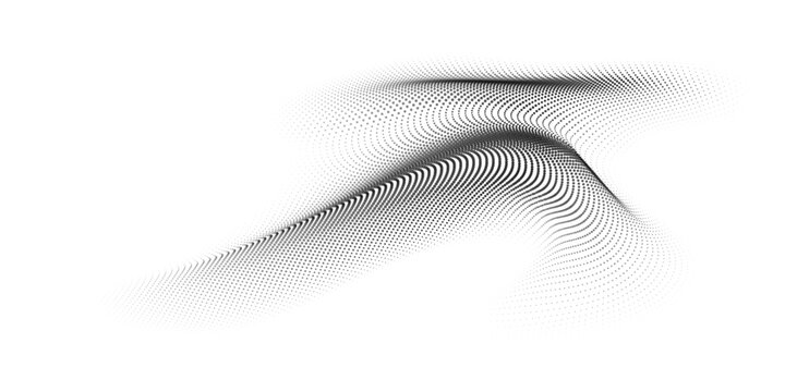 Flowing dots particles wave pattern 3D curve halftone black gradient curve shape isolated on transparent background. Vector in concept of technology, science, music, modern.