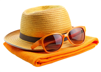Straw Hat and Orange Sunglasses on Orange Towel on White Background beach accessories isolated on a transparent background