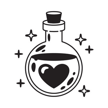 Whimsical Love Potion Elixir Illustration with Heart and Stars Magical Brew for Romance and Enchantment in Black and White