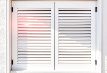Fototapeta premium Elegant white window shutters, sunlight streaming through slats, daylight, clean
