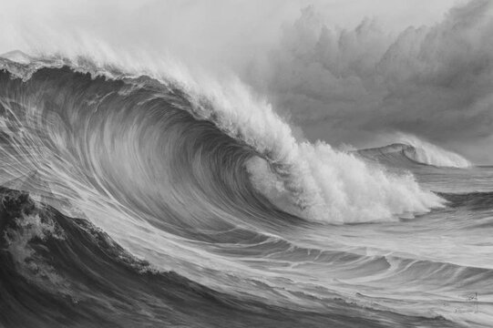 Ocean Majesty: A majestic monochrome tableau of the ocean's untamed power unfolds. A towering wave, cresting with foamy white, embodies raw, untamed energy, the epitome of the vast, unpredictable sea.