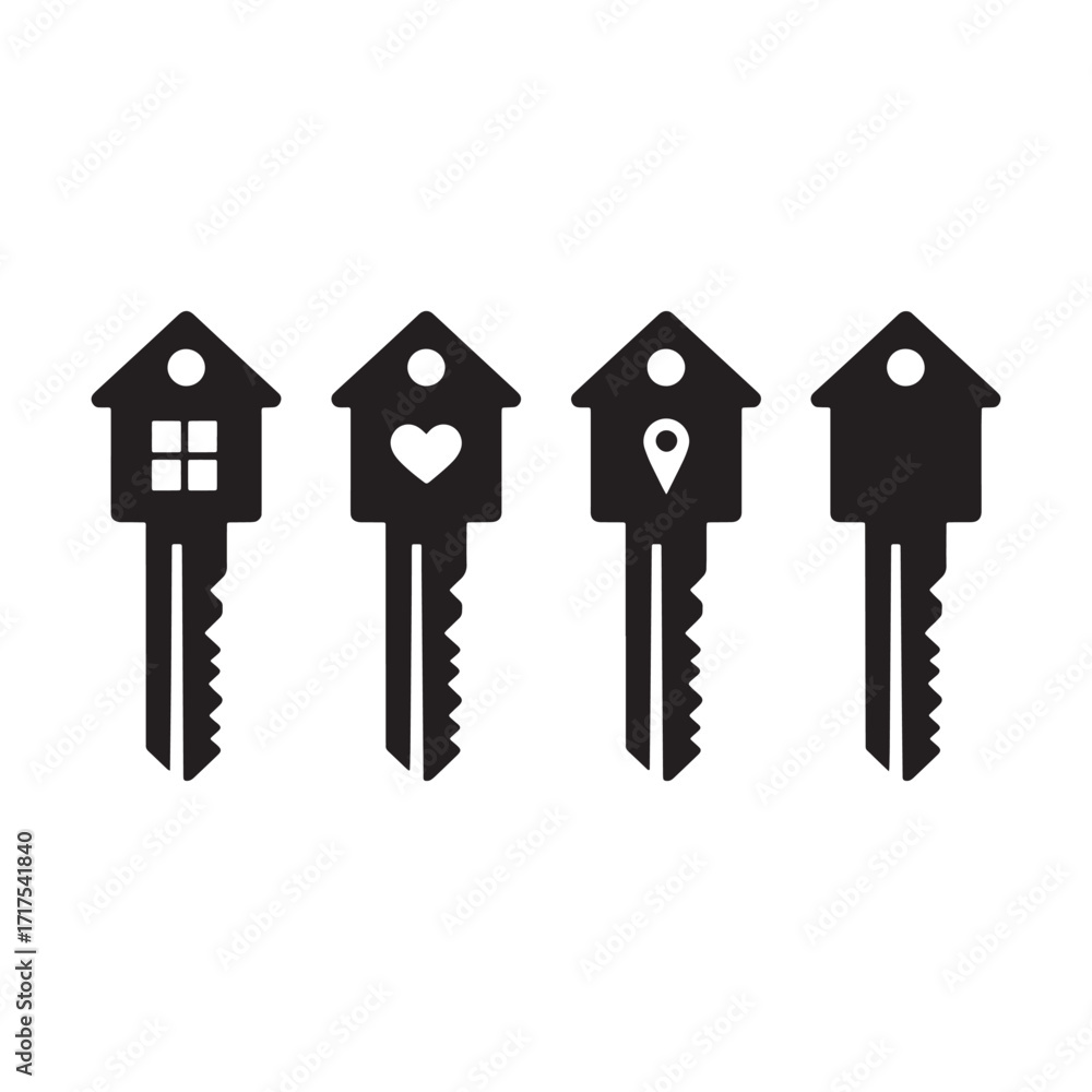 Poster four house keys with different designs representing home ownership love and security in a black and 