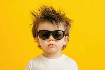 Fototapeta premium Toddler boy in sunglasses on yellow