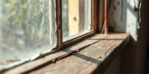 Obraz premium Close-up of aged wooden window sill, weathered paint, light streaming through dusty glass, antique, light