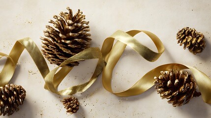 Gold-painted pine cones and ribbon on a light beige background create a festive and elegant holiday scene.