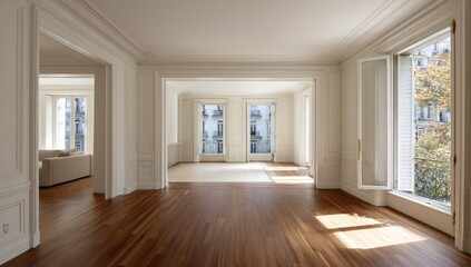 Fototapeta premium Spacious, light-filled interior with elaborate molding and hardwood floors.