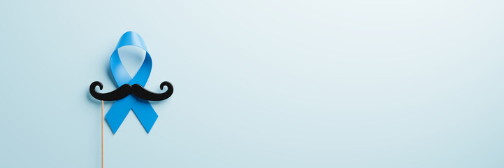 Men's health awareness month. Blue ribbon with a moustache silhouette on light blue background. Symbolizes awareness about prostate cancer, mental health. 3d illustration, banner