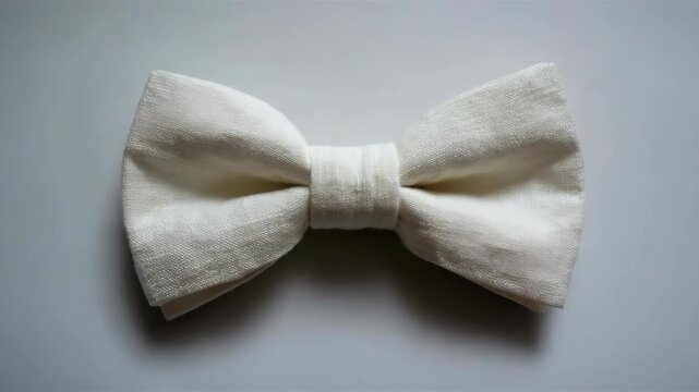 White silk bow tie with visible texture and soft shadows, photographed in a realistic style on a neutral background, symbolizing elegance and formality