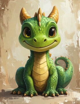 &Ouml;lmalerei eines freundlichen gr&uuml;nen Drachen