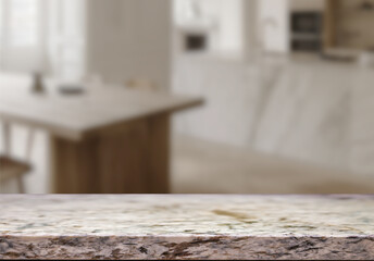 Empty marble top table with blurred kitchen interior Background. for product display.