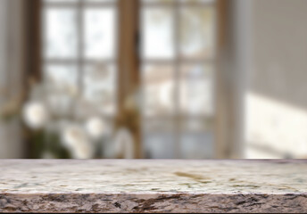Empty marble top table with blurred kitchen interior Background. for product display.