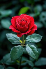 Naklejka premium A vibrant red rose with lush green leaves, symbolizing love and beauty in a serene garden setting.