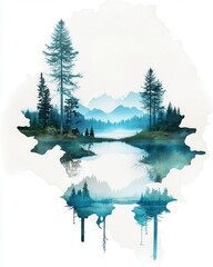 A serene landscape featuring majestic trees, mountains, and a tranquil lake, capturing the beauty of nature in stunning watercolors.