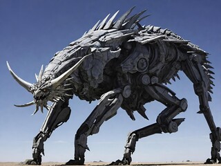 Futuristic robotic creature with spiked armor and horns stands in a barren landscape under blue sky, ideal for sci-fi or concept art themes.
