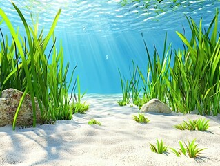 Beneath clear water, vibrant underwater grass sways gently over a sandy ocean floor, illuminated by sunlight filtering through.