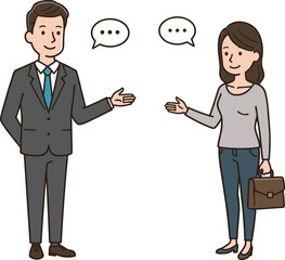 Casual and professional characters engaged in conversation with speech bubbles, illustrating workplace communication and social interaction in vector style
