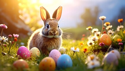 Easter Bunny and Eggs in a Field.