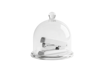 A small silver stapler is displayed inside a clear glass bell jar isolated on transparent background