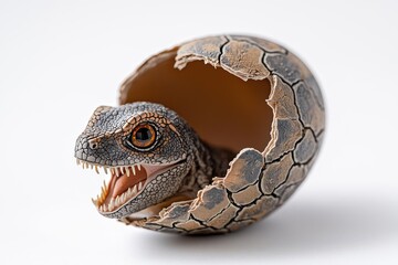 A detailed illustration of a dinosaur emerging from a cracked egg, showcasing its vibrant scales and fierce expression.
