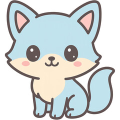 A cute cartoon cat with blue fur is sitting on a white background