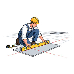 Construction worker in a hard hat and overalls kneeling to level a floor tile with a spirit level, surrounded by tools and laser lines.