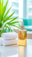 A serene image showcasing a glass dropper bottle filled with oil, accompanied by rolled towels and tropical greenery in the background.
