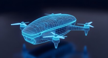 Blue Wireframe Drone with Oval Body, Camera, and Propellers on Dark Background quadcopter