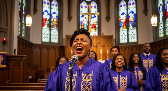 A gospel choir sings joyfully in a historic church, filled with stained glass light.