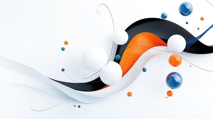 Dynamic abstract design with swirling shapes, vivid colors, and spheres. Ideal for backgrounds, banners, and digital art projects.