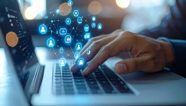 Close-up of a person's hand typing on a laptop with glowing blue social media icons floating above the keyboard in a blurred background.