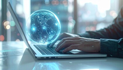 Close-up of hands typing on a laptop with a glowing blue globe hovering above the keyboard on a modern desk.