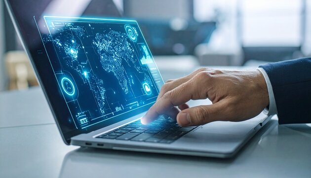 Close-up of a businessman's hand interacting with a futuristic holographic interface on a laptop in a modern office - Powered by Adobe