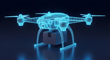 Wireframe drone with camera and cargo box, blue glowing lines on dark surface quadcopter