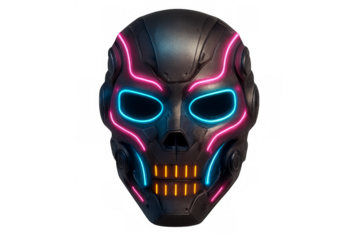 Futuristic cyber skull mask with neon glow on transparent background