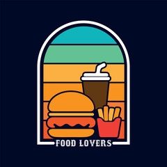 Food lovers retro t-shirt template badge with burger fries and drink