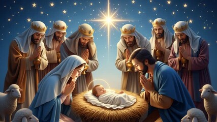 Nativity scene featuring Mary, Joseph, and three kings gathered around baby Jesus in a stable, surrounded by sheep, conveying the essence of Christmas and religious celebration