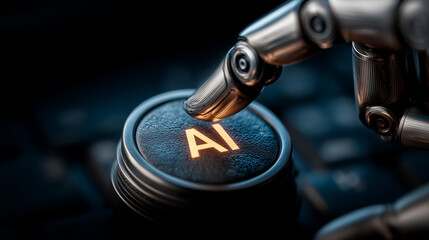 Close-up of robotic finger pressing glowing AI button on keyboard representing artificial intelligence technology and automation 